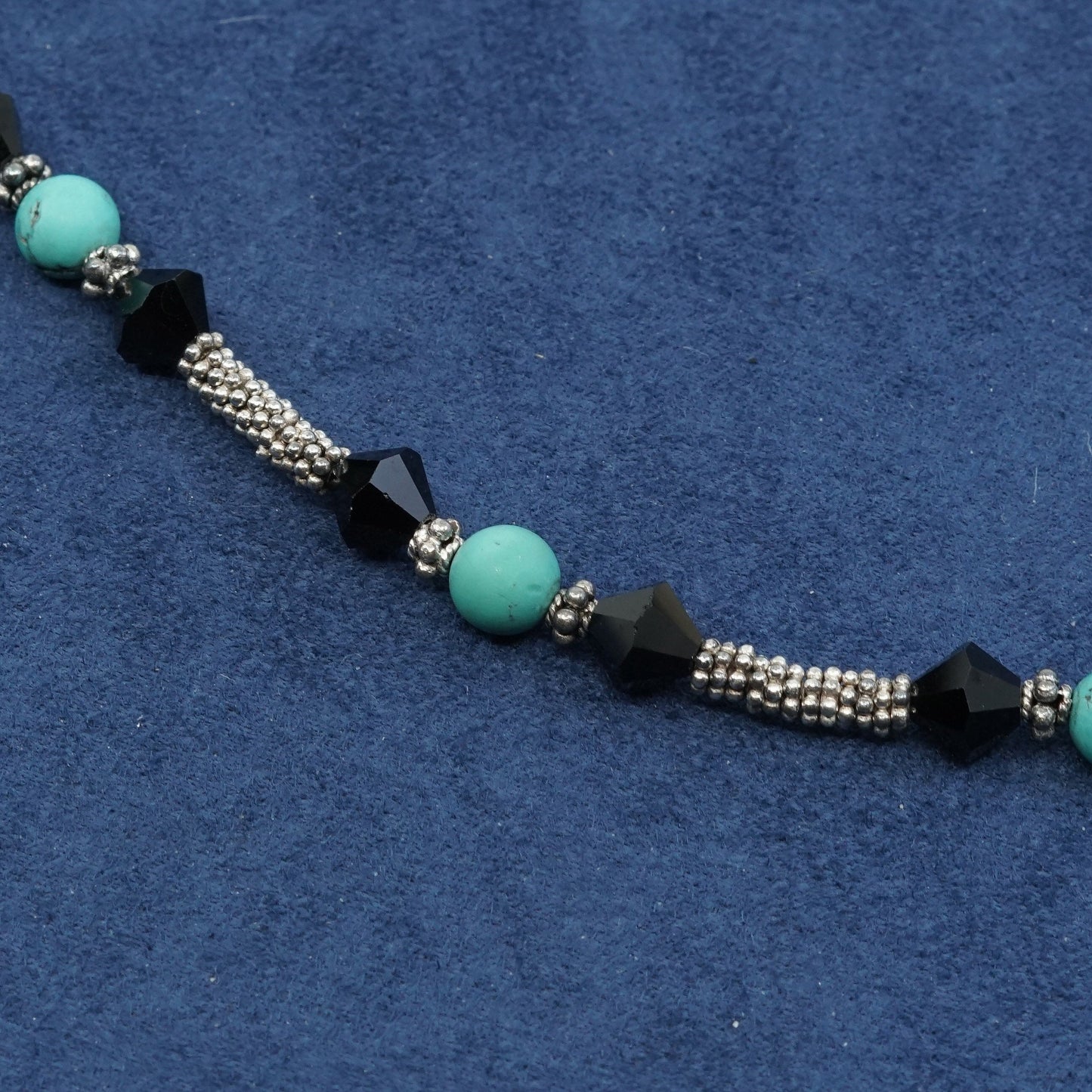 6.25”, vtg sterling 925 silver handmade bracelet w/ turquoise N obsidian