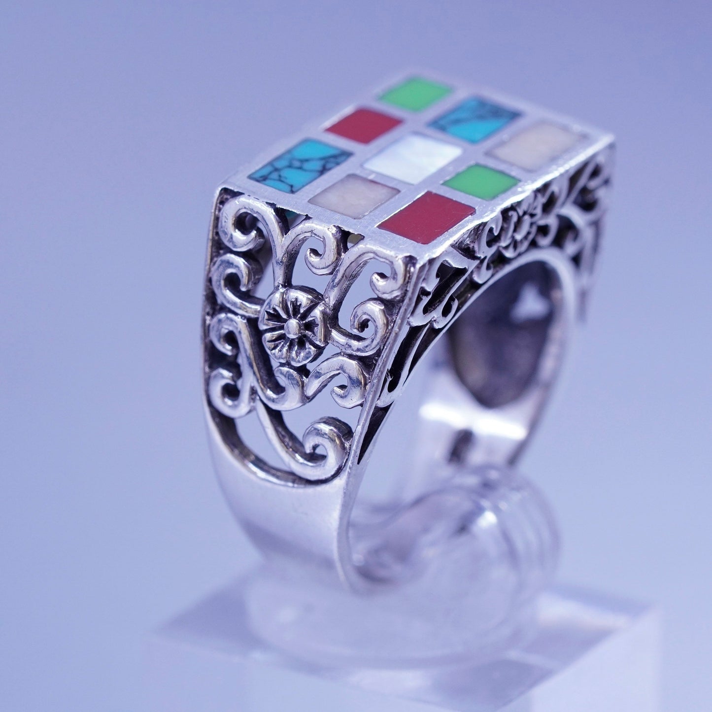 Size 9, vtg Sterling 925 silver handmade ring mother of pearl turquoise onyx