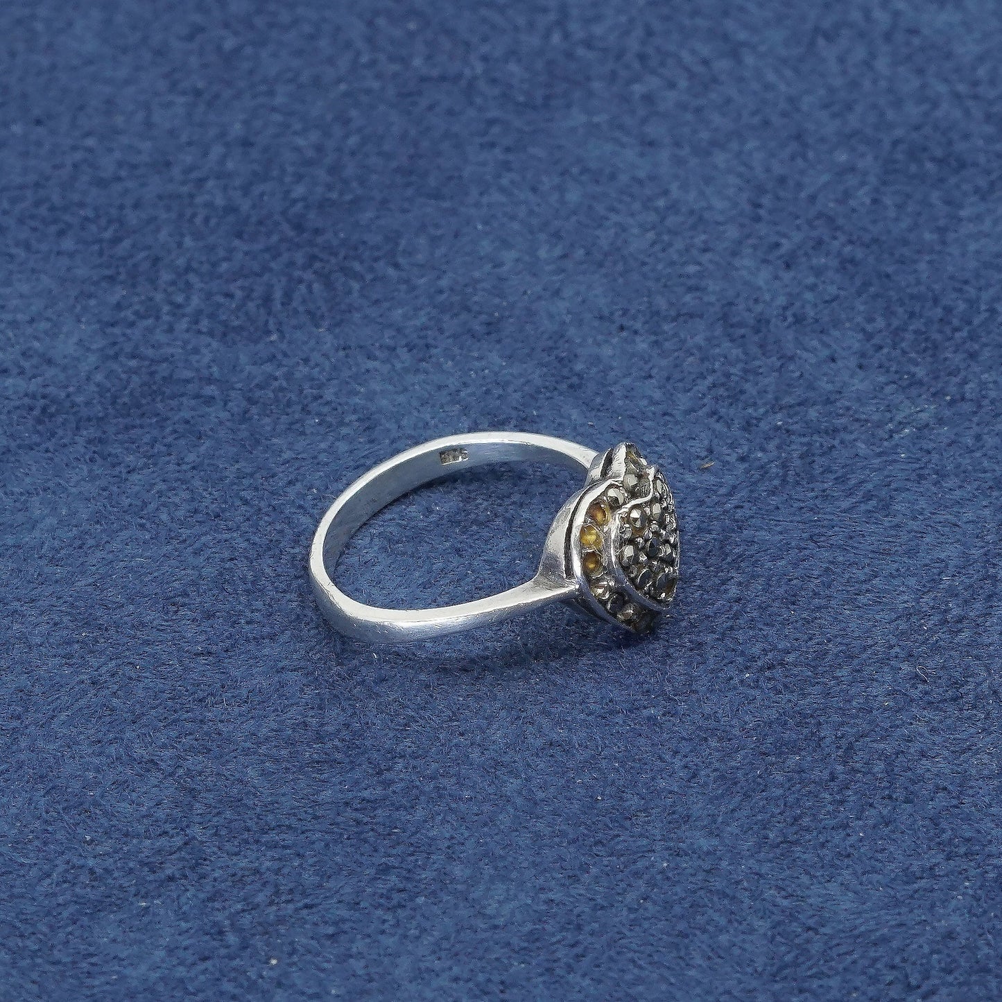 sz 6.75, vtg Sterling silver handmade ring, 925 band w/ marcasite heart
