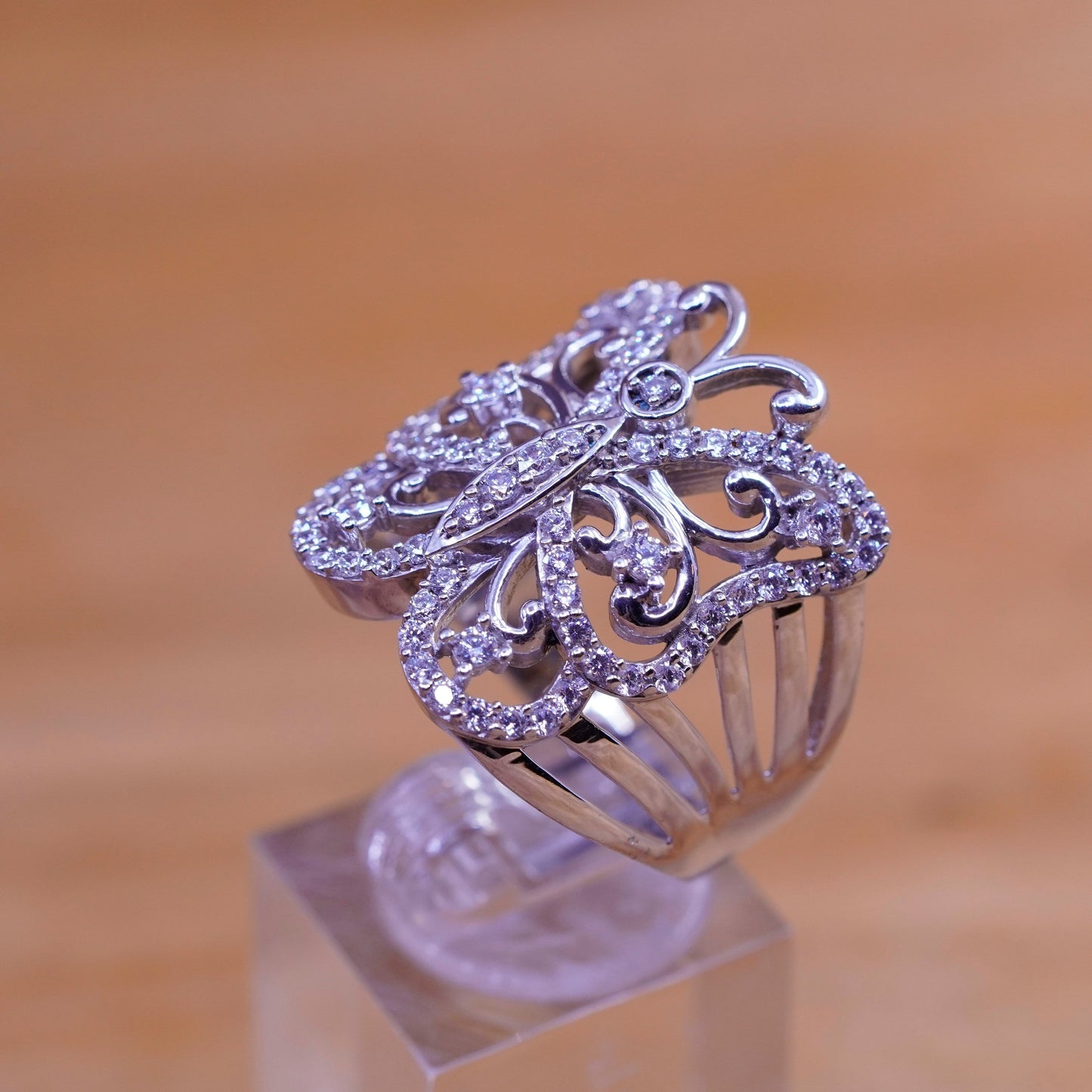 Size 10, vintage SJD Sterling silver ring, 925 butterfly with cluster Cz
