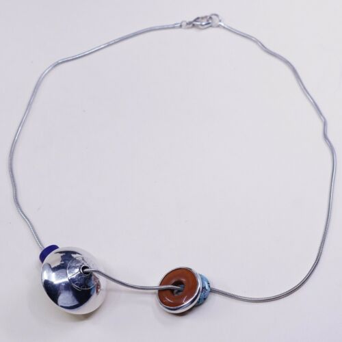 20” 1mm, Vtg 925 Sterling Silver Snake chain necklace W/ Turquoise Coral Beads