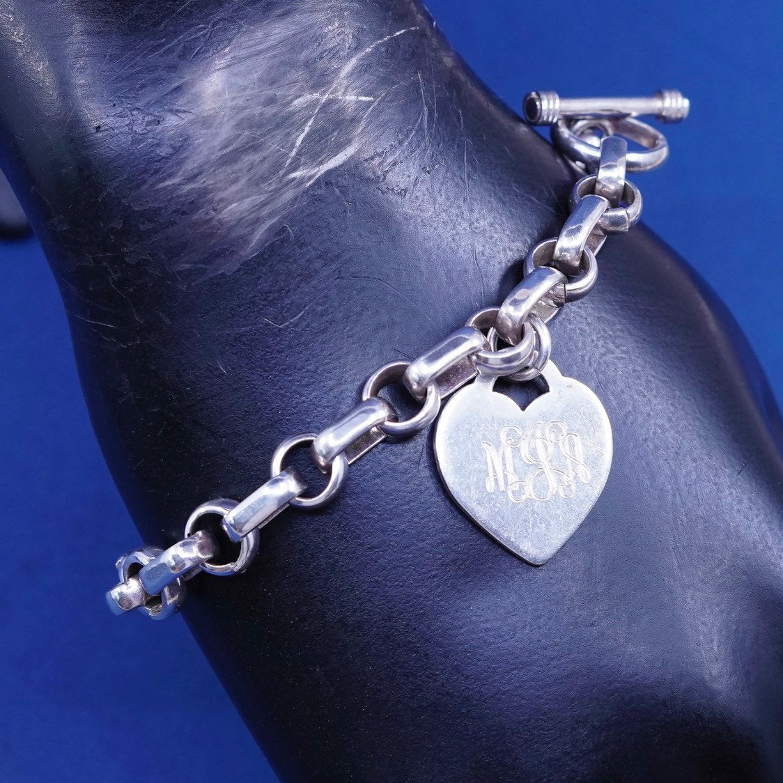 6.75", Sterling silver bracelet, 925 elongated chain w/ heart “MJA” monogram