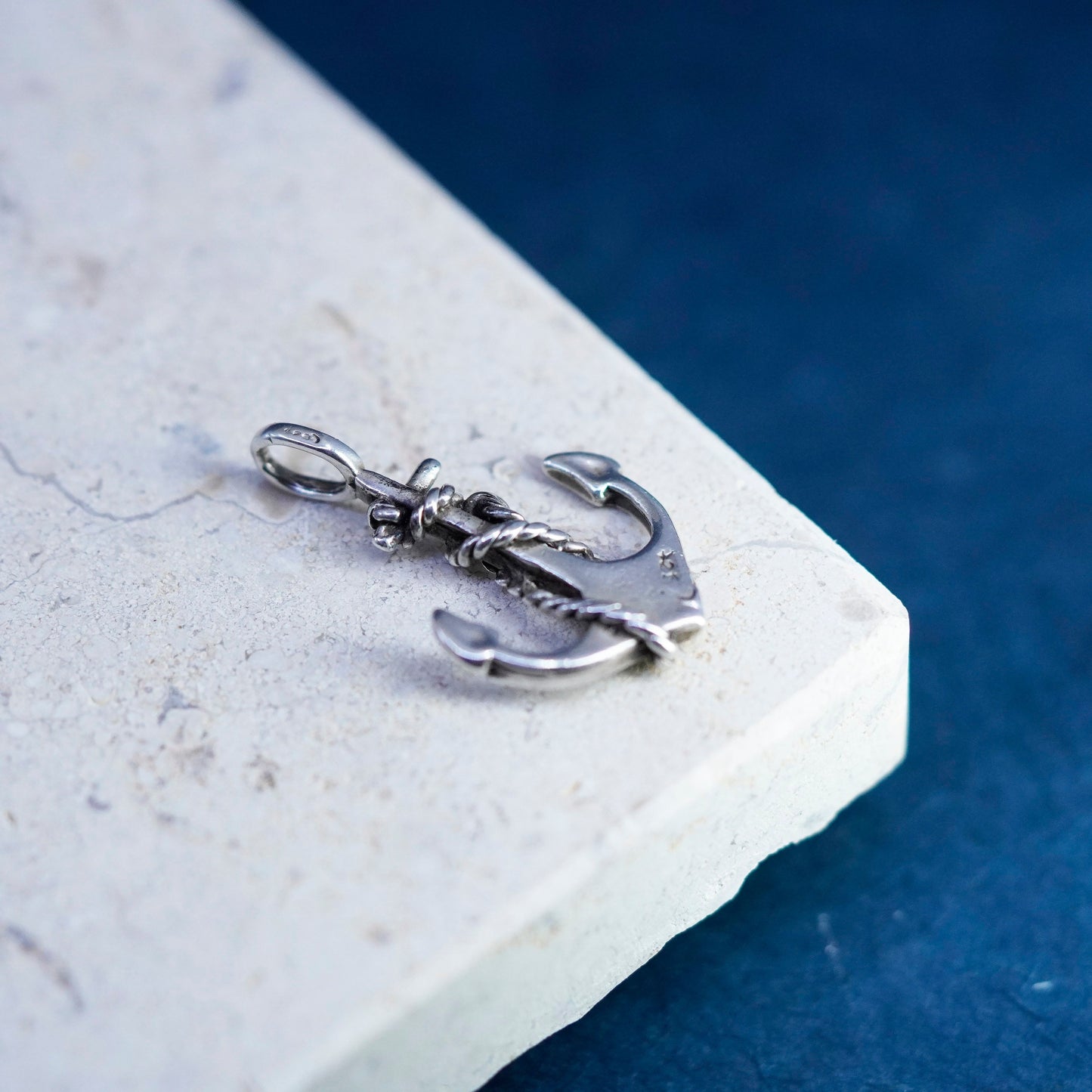 vintage Sterling silver handmade pendant, 925 ship anchor with cable around