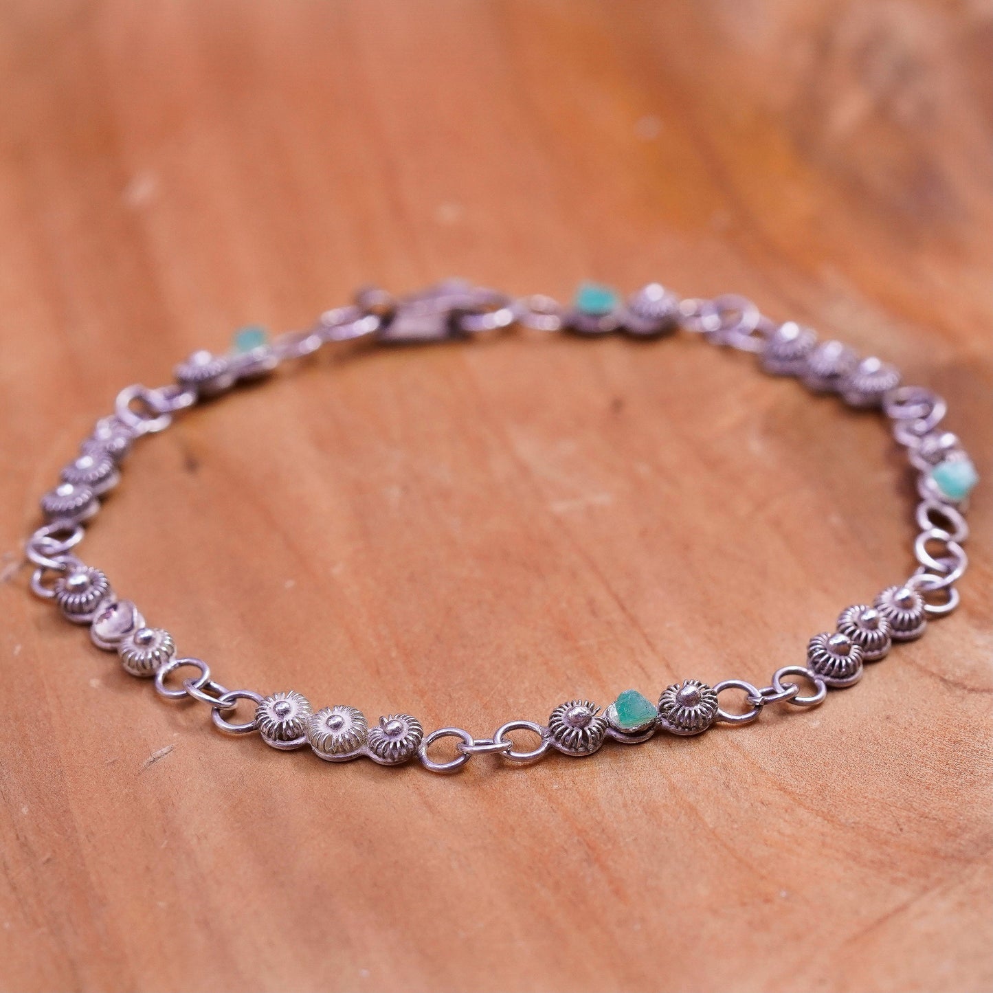 7.25”, Vintage Mexico Sterling silver handmade bracelet, 925 flower links jade