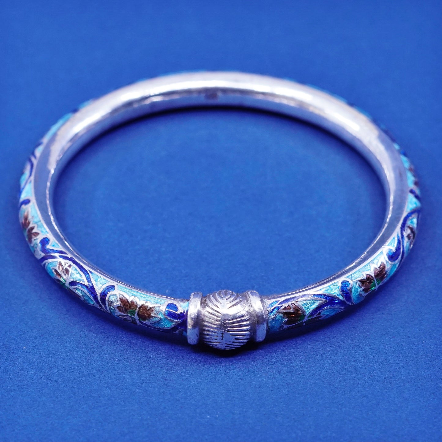7.25”, Chinese Sterling silver handmade bracelet, 925 bangle blue floral enamel