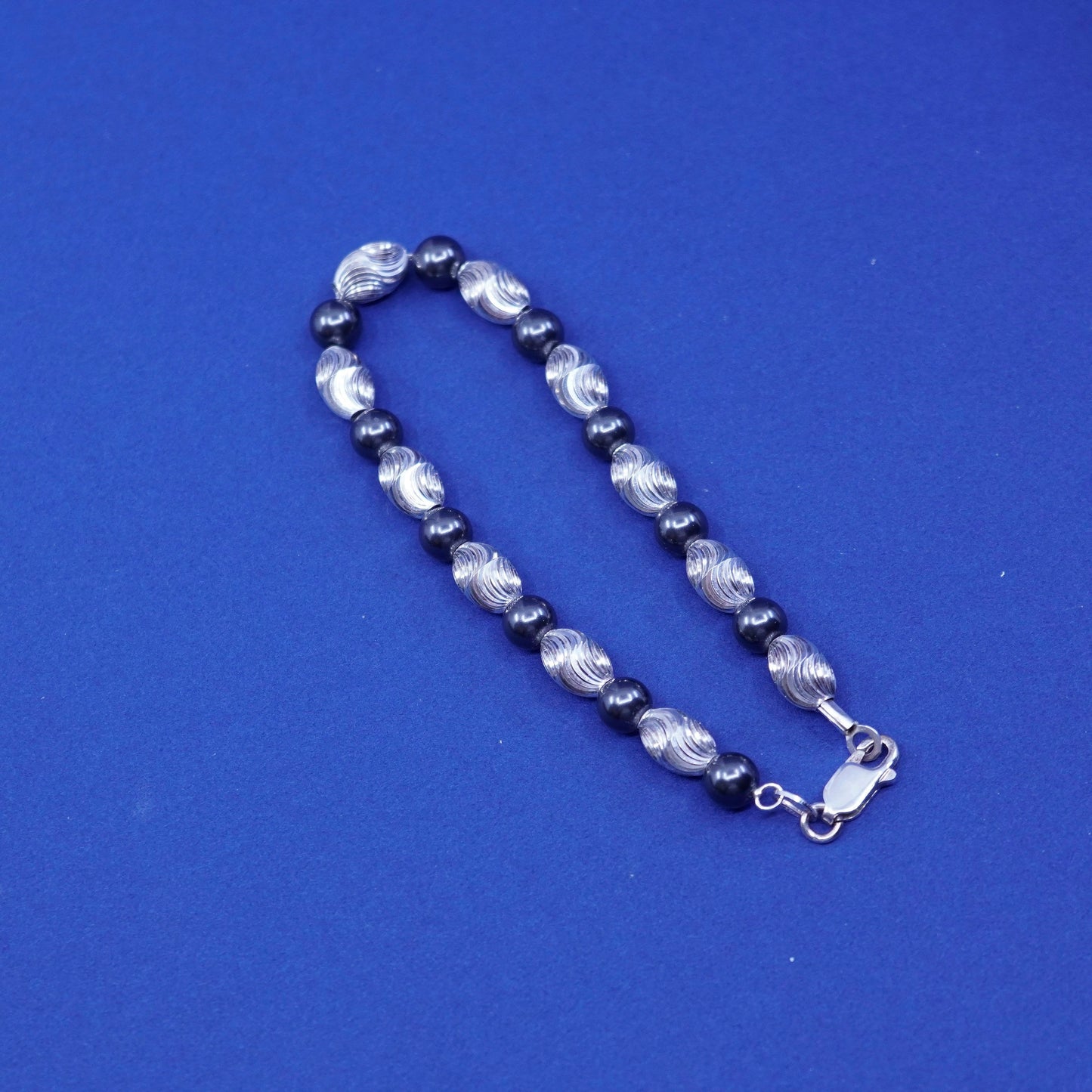 7”, vintage Sterling silver handmade bracelet, 925 swirl beads with hematite
