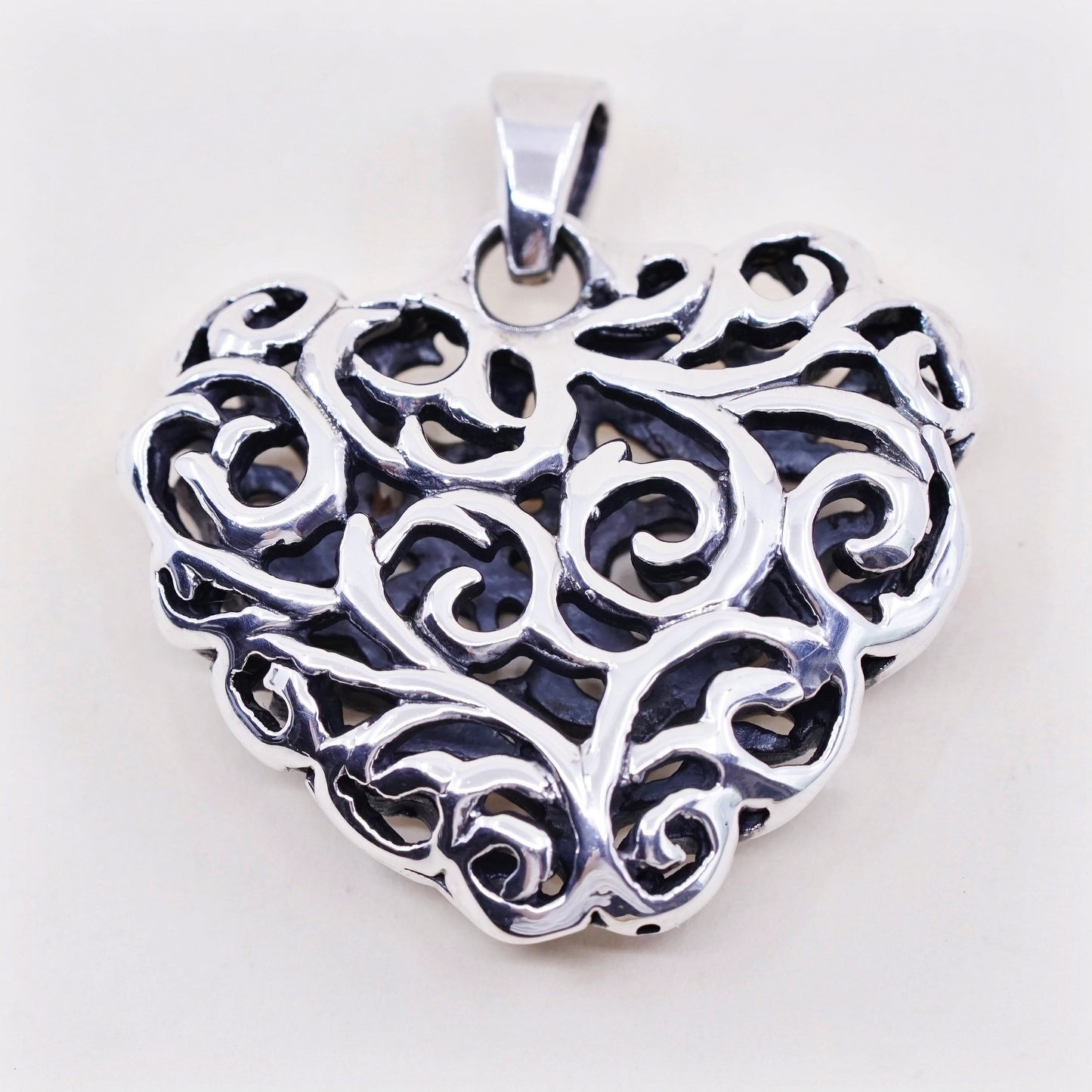 vintage Bali sterling silver handmade pendant, 925 filigree heart charm