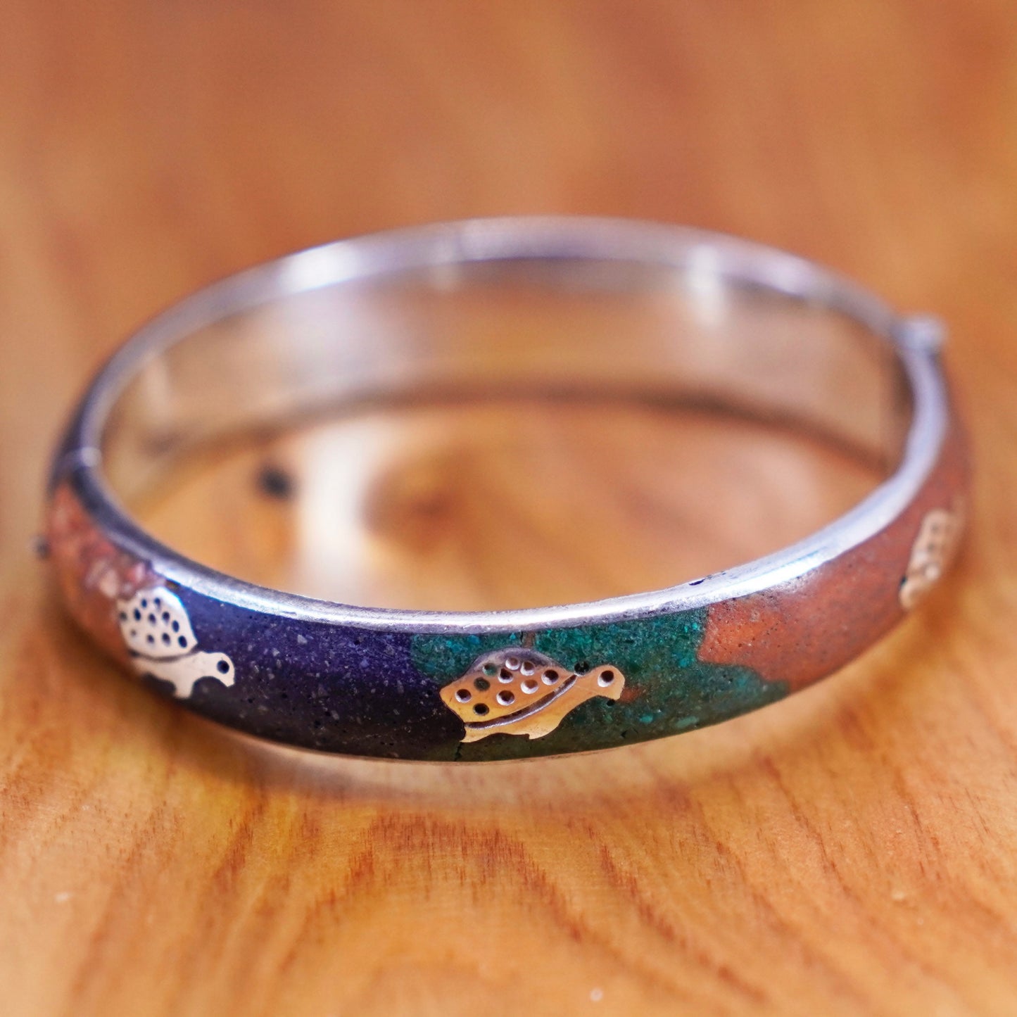 6.5”, Sterling silver bracelet Mexico 925 bangle jasper sodalite turtle dolphin