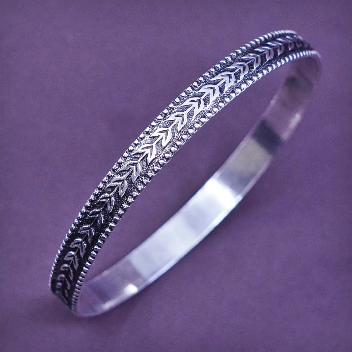 8”, vtg Coro Sterling silver handmade bracelet, 925 bangle w/ wheat textured