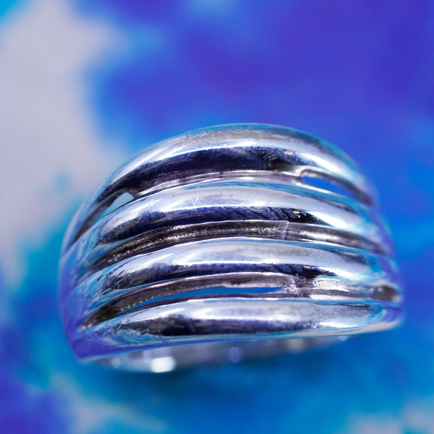Size 7, vintage Sterling silver ribbed ring, 925 statement wavy band