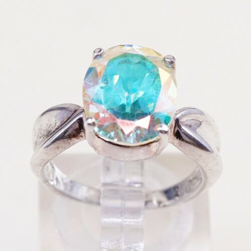 Sz 6, Sterling Silver Ring, 925 Silver Engagement Ring W/ blue Swarovski Crystal