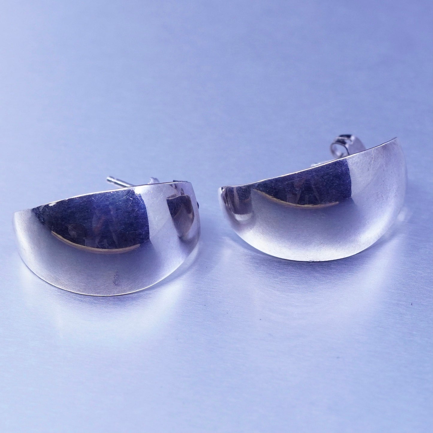 1”, vtg Sterling silver handmade earrings, modern 925 simple oval Huggie studs