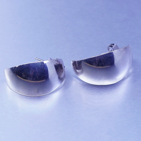 1”, vtg Sterling silver handmade earrings, modern 925 simple oval Huggie studs