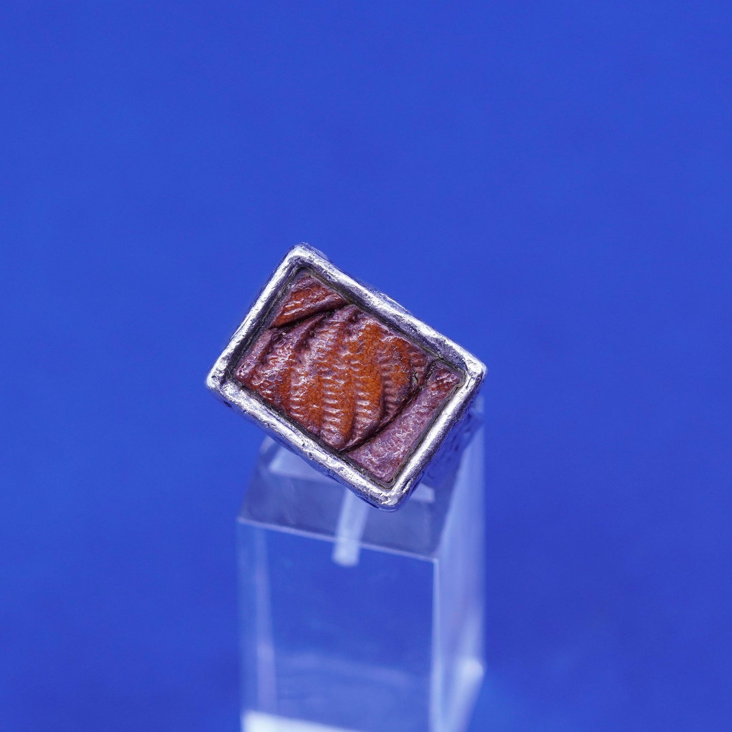 Size 8.5, Vintage Peyote Bird Sterling silver handmade ring, 925 square leather