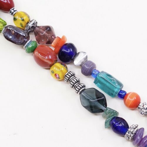 7”, Vtg Sterling Silver Handmade Bracelet, 925 Beads W/ Colorful Glass Beads