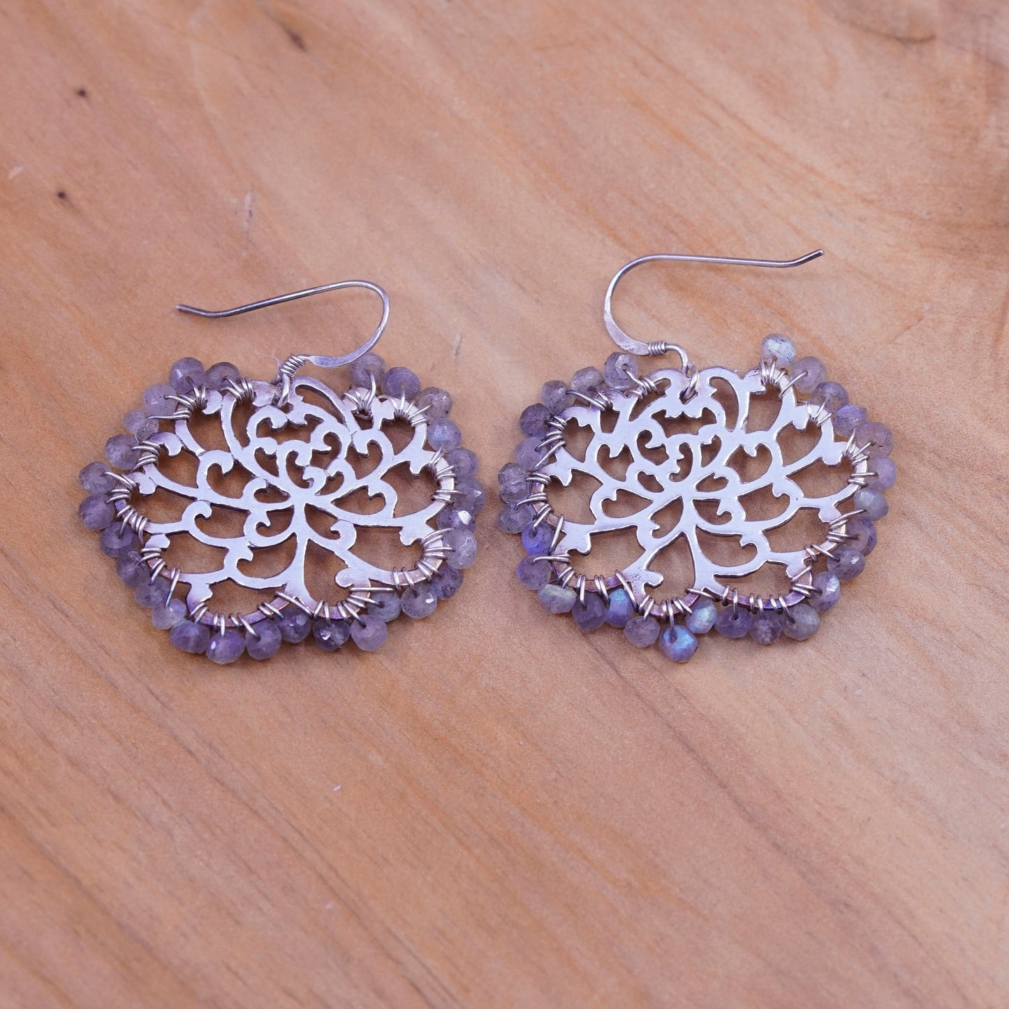 Vintage Sterling 925 silver handmade flower earrings with cluster moonstone