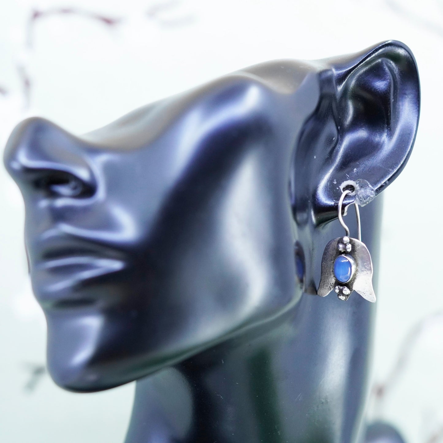 Vintage Sterling 925 silver handmade 925 lily flower earrings with moonstone