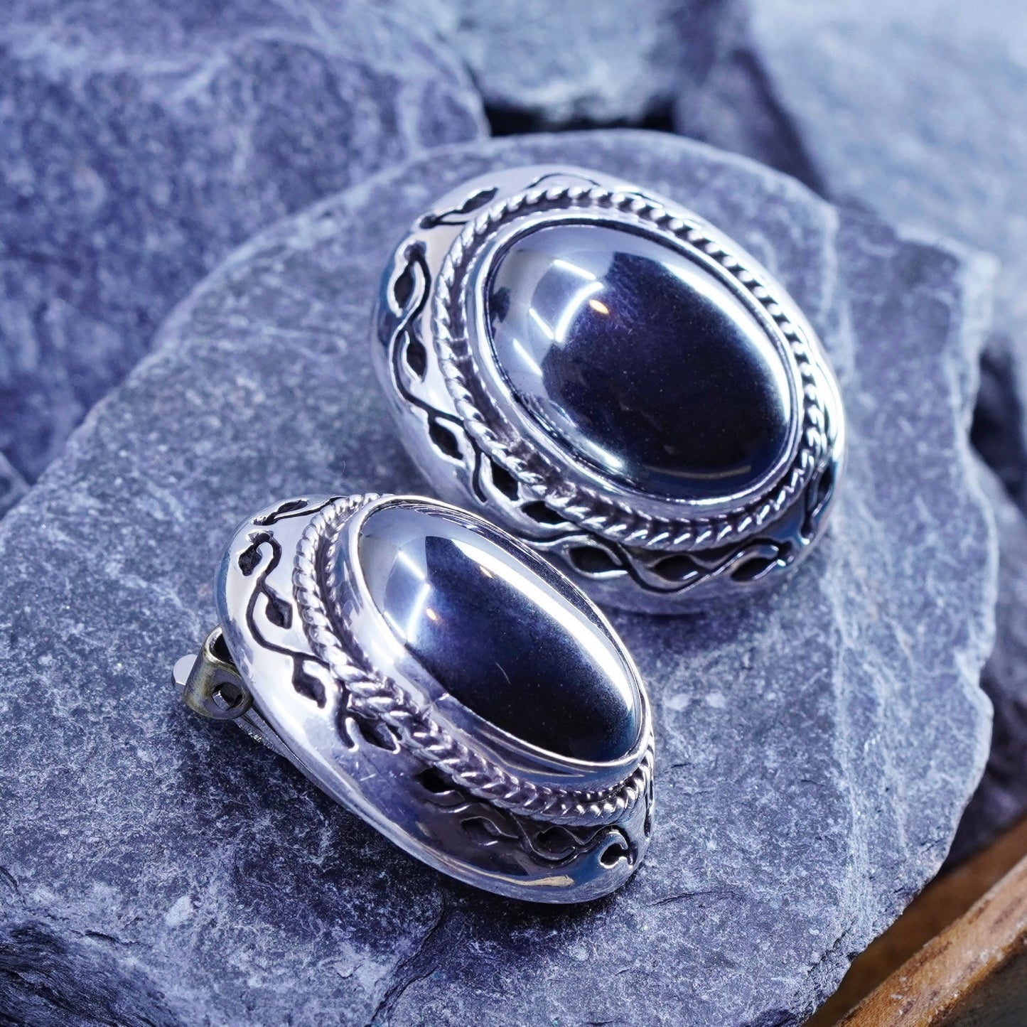 vtg Mexico sterling 925 silver handmade clip on earrings oval hematite vines