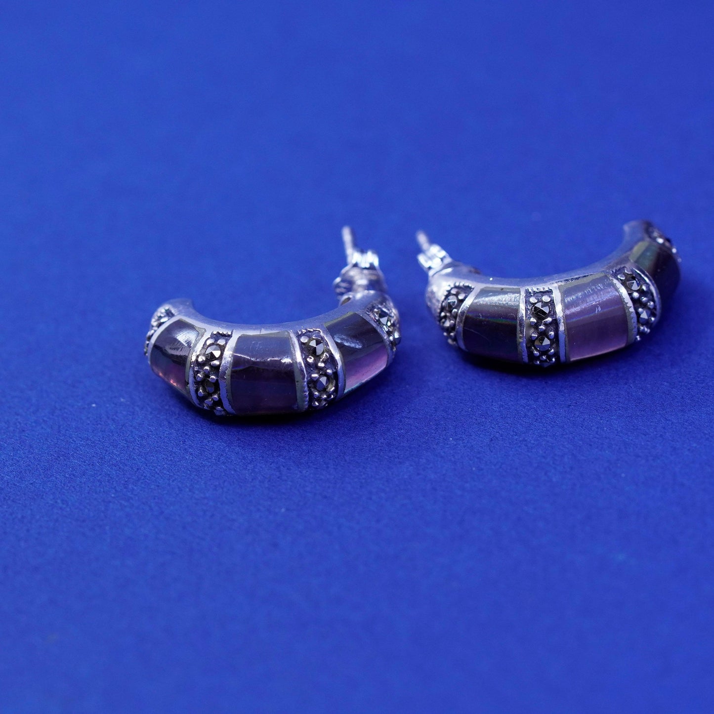 0.75”, Sterling silver handmade earrings, 925 hoops with marcasite and abalone