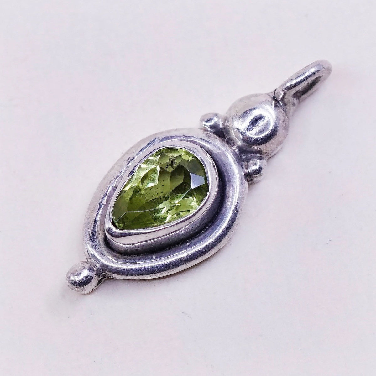 vtg handmade Sterling silver angel pendant, 925 silver with teardrop peridot