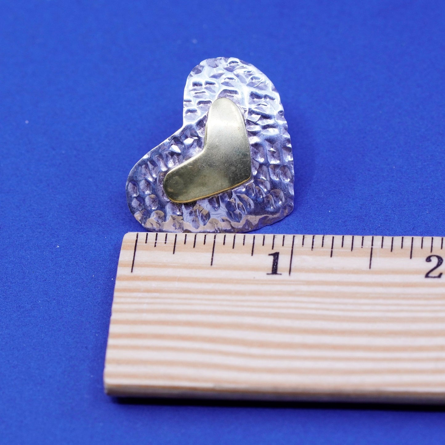 two tone Sterling silver handmade earrings, hammered 925 heart studs with brass