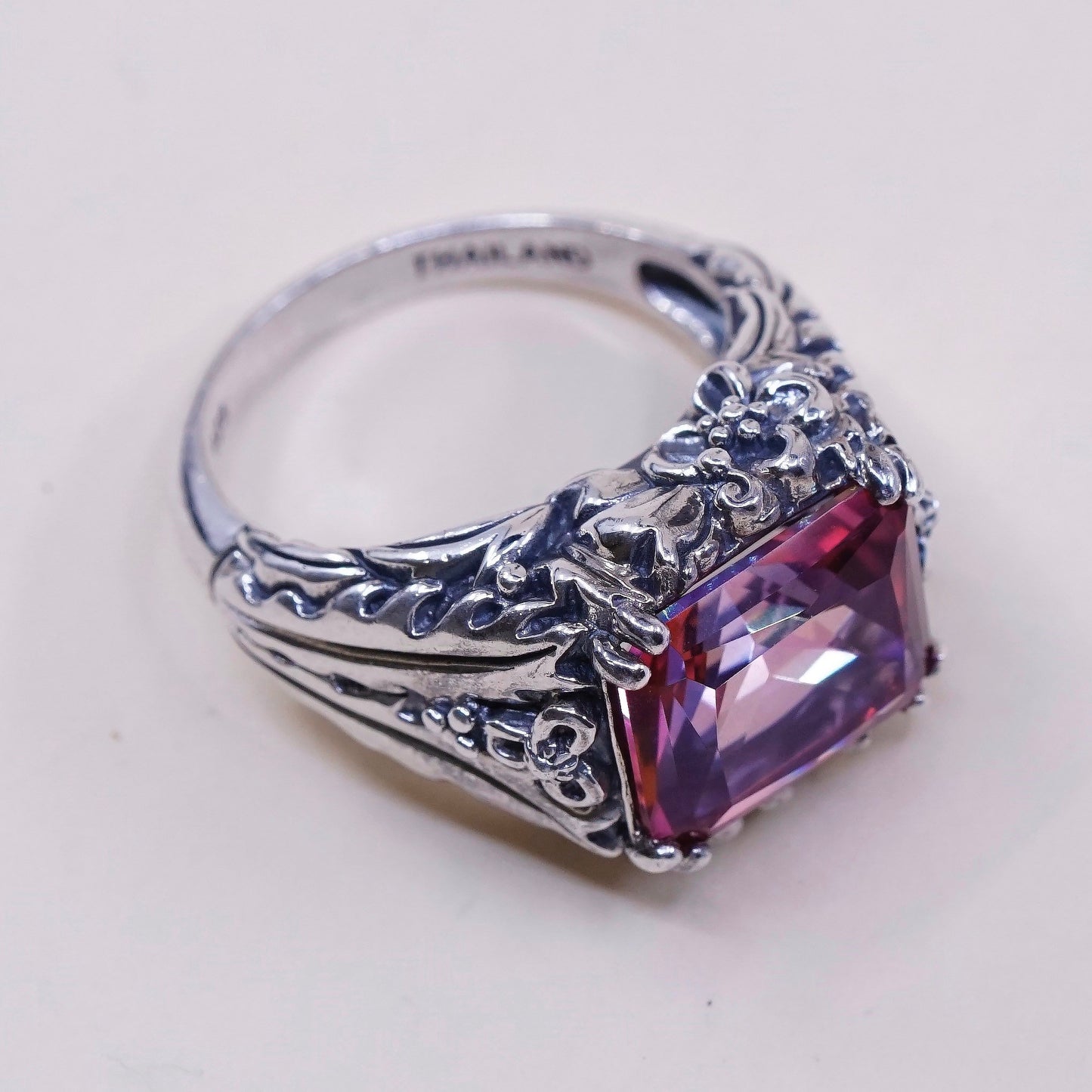 sz 7.25, VTG cocktail Sterling silver handmade ring, 925 crown w/ pink crystal