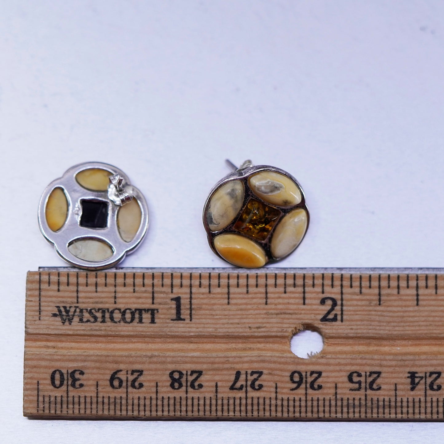 Vintage Sterling 925 silver handmade earrings, studs with Amber inlay