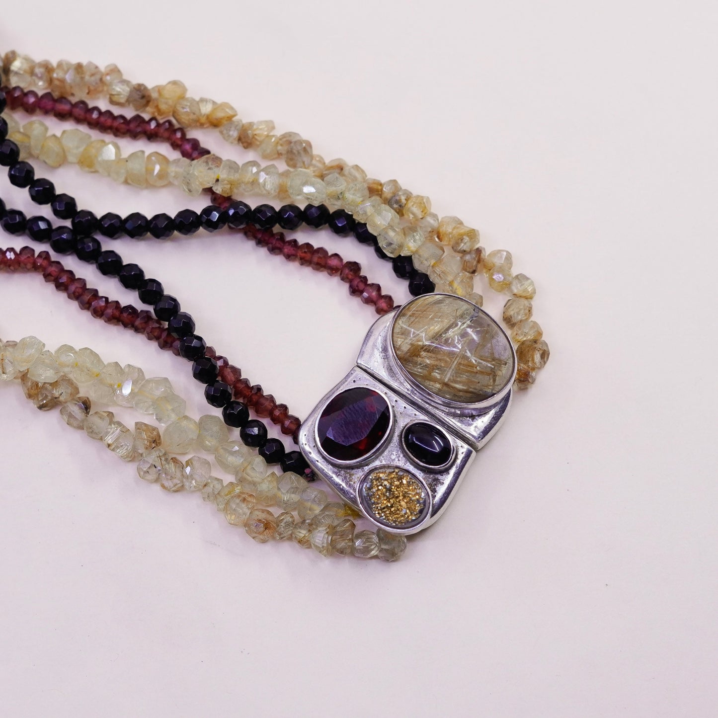 16”, sterling silver necklace, 925 tigers eye rutilated quartz citrine garnet