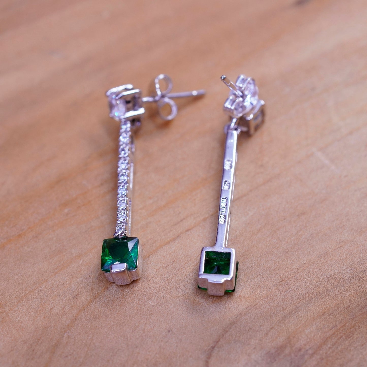 Vintage Sterling silver handmade earrings, 925 long drops with green clear CZ