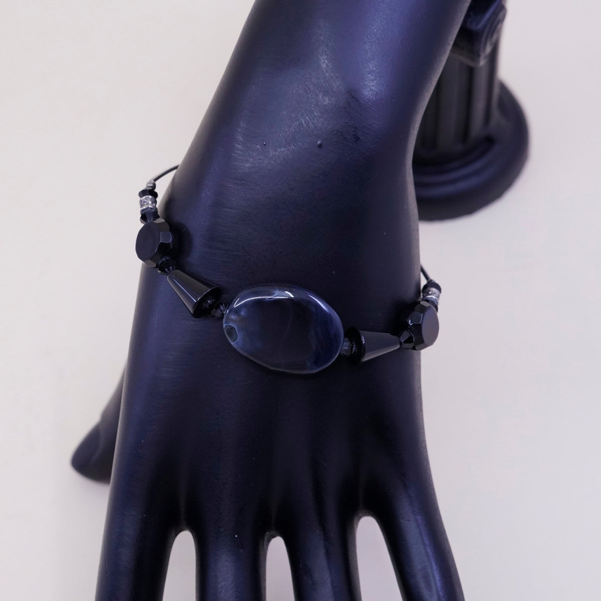 6.5”, sterling silver handmade bracelet, 925 bard with obsidian beads