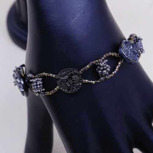 7.25”, Vtg Sterling Silver Handmade Bracelet, 925 Silver Toggle W/ Beads