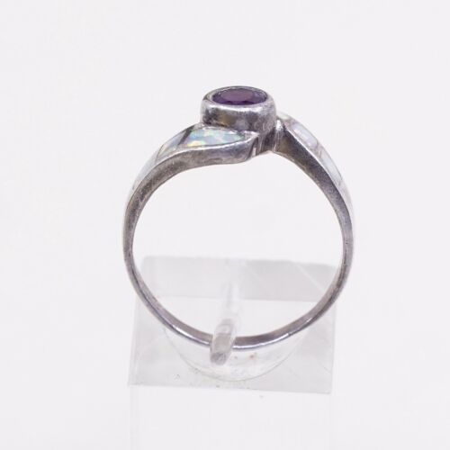 Sz 8.75, Vtg Sterling Silver Ring, 925 Silver Band W/ opal n amethyst