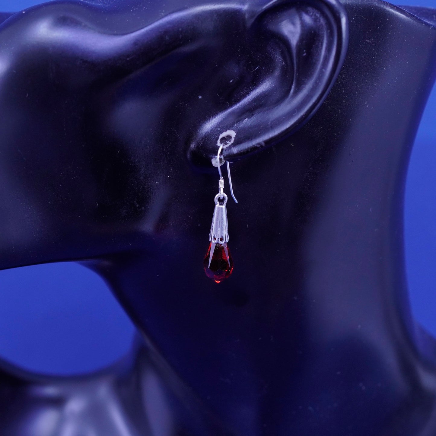 Vintage Sterling 925 silver handmade earrings with teardrop ruby