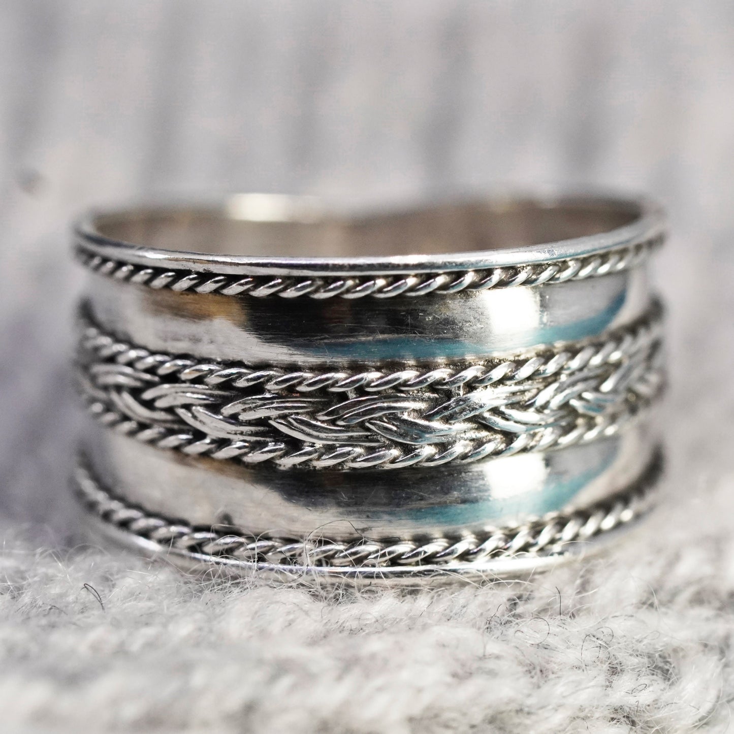 Size 8, vintage Sterling silver handmade band, wide 925 ribbed cable band