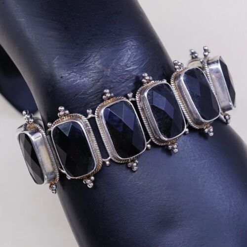 6”+1”, Vintage Mexico Sterling 925 silver Bracelet W/ Checker Obsidian Inlay
