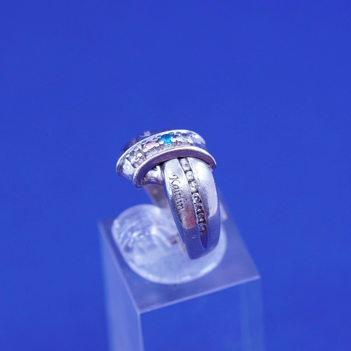 sz 6.25, Sterling 925 silver engagement ring blue pink crystal “Johnny Kaitlin
