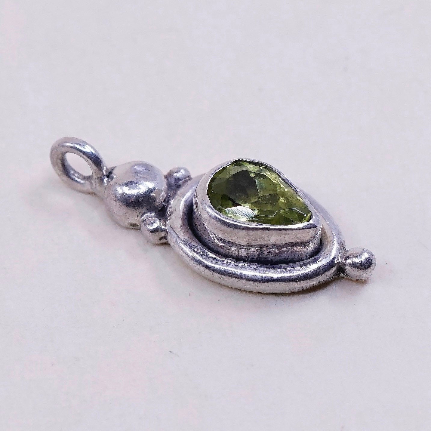 vtg handmade Sterling silver angel pendant, 925 silver with teardrop peridot
