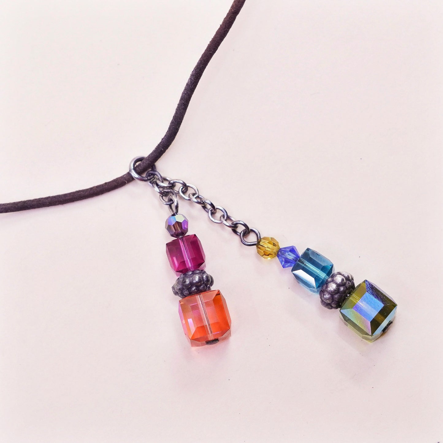 16+2”, Emily Ray brown leather necklace Sterling 925 silver crystal pendant