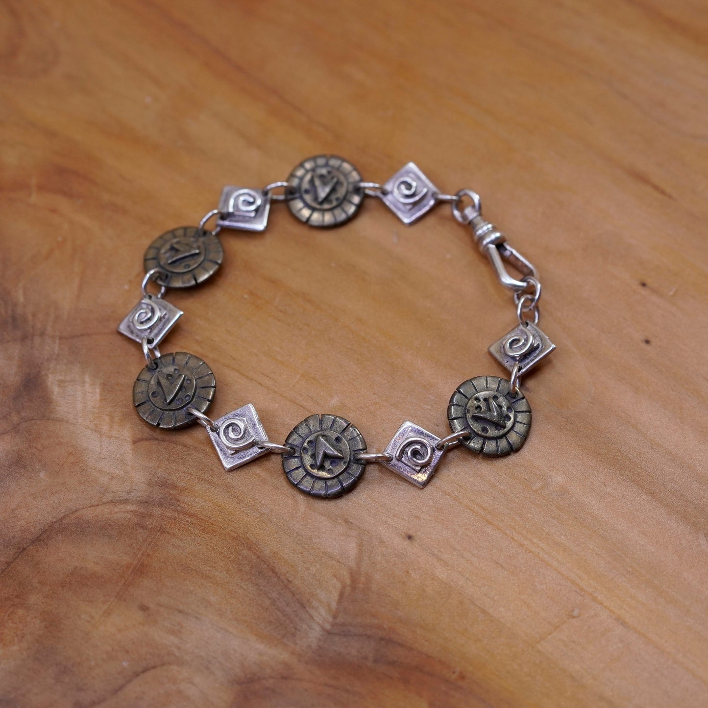7”, two tone Sterling silver handmade bracelet, mexico 925 swirl star chain