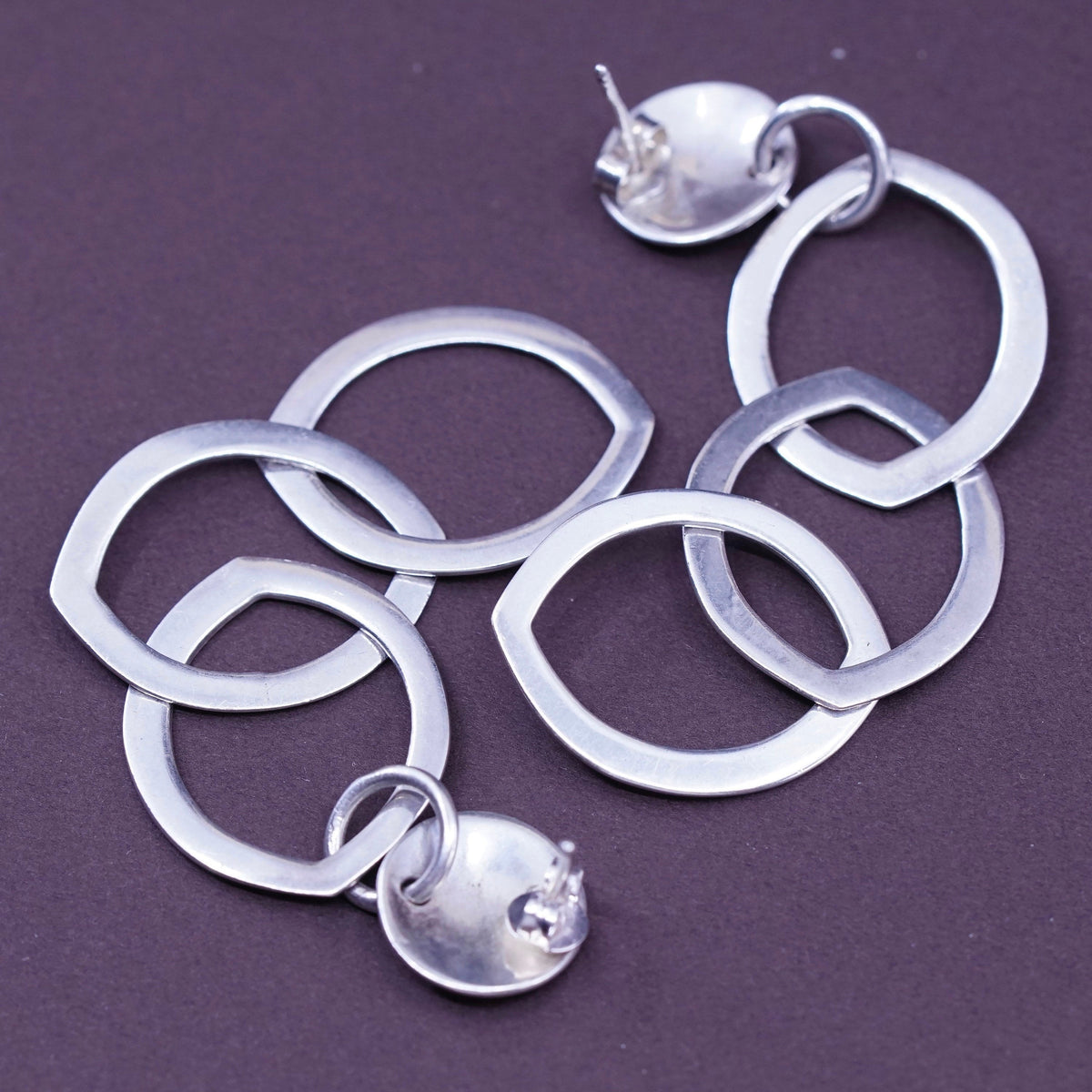 Vintage Sterling silver handmade earrings, Modern 925 flatten entwined circle