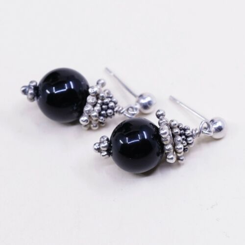 Vintage Sterling Silver Handmade Earrings, 925 Dangles W/ Obsidian N Besds