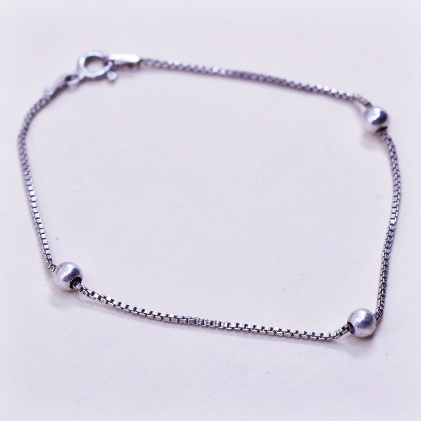 7.25”, 1mm, Vintage sterling silver bracelet, 925 snake chain with beads