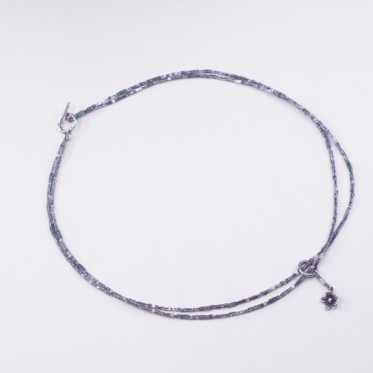 18”, Sterling silver double strands necklace 925 nugget chain w/ flower pendant