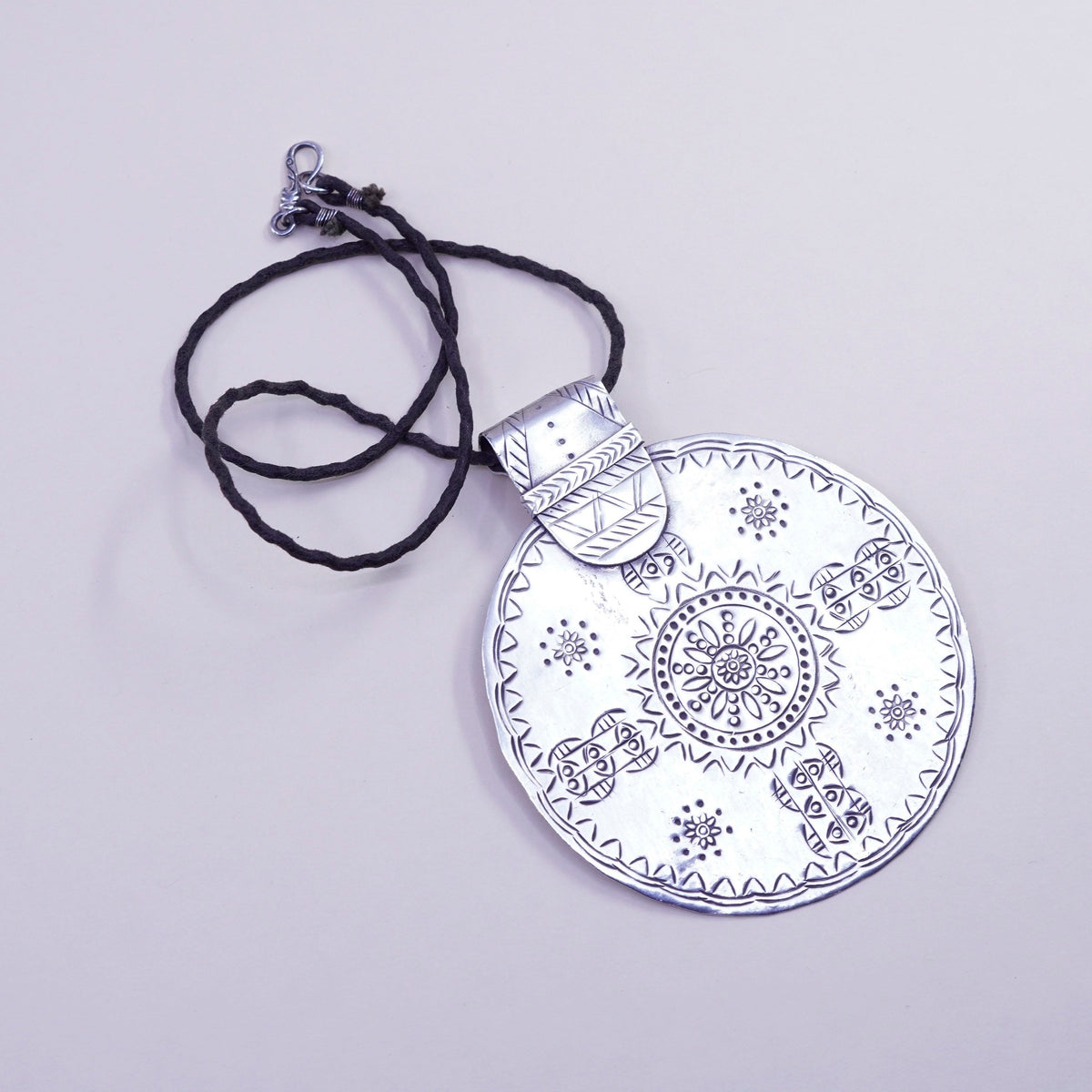16”, Vintage sterling silver handmade necklace, 925 round pendant linen thread