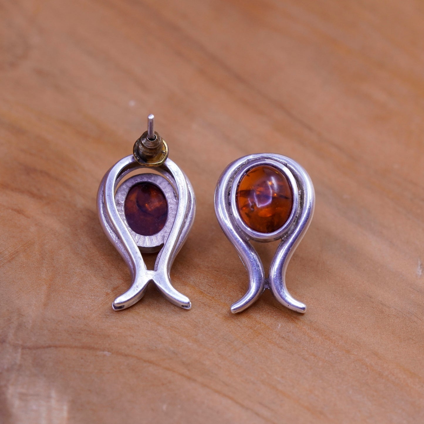 Vintage Sterling Silver Handmade earrings, 925 studs with amber, modernist