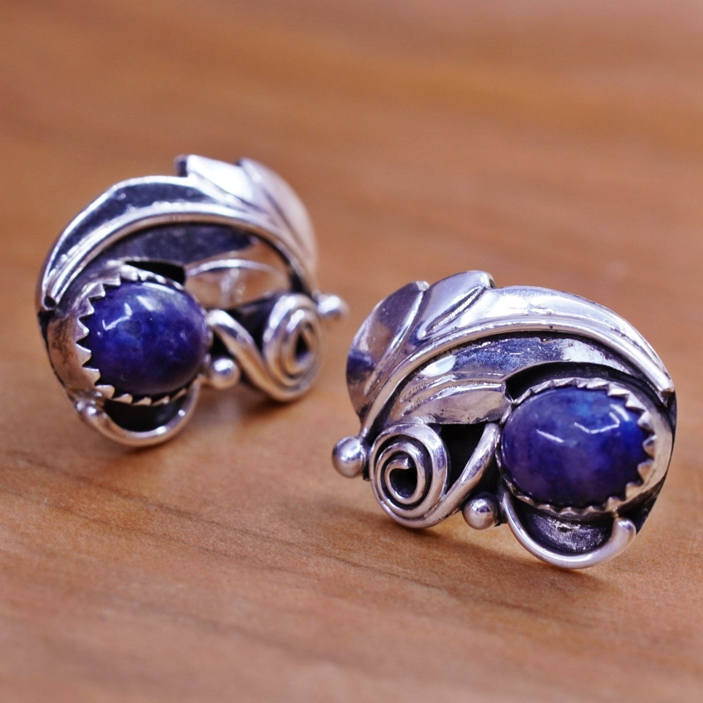 Vintage Sterling silver handmade earrings, southwestern 925 studs sodalite leaf