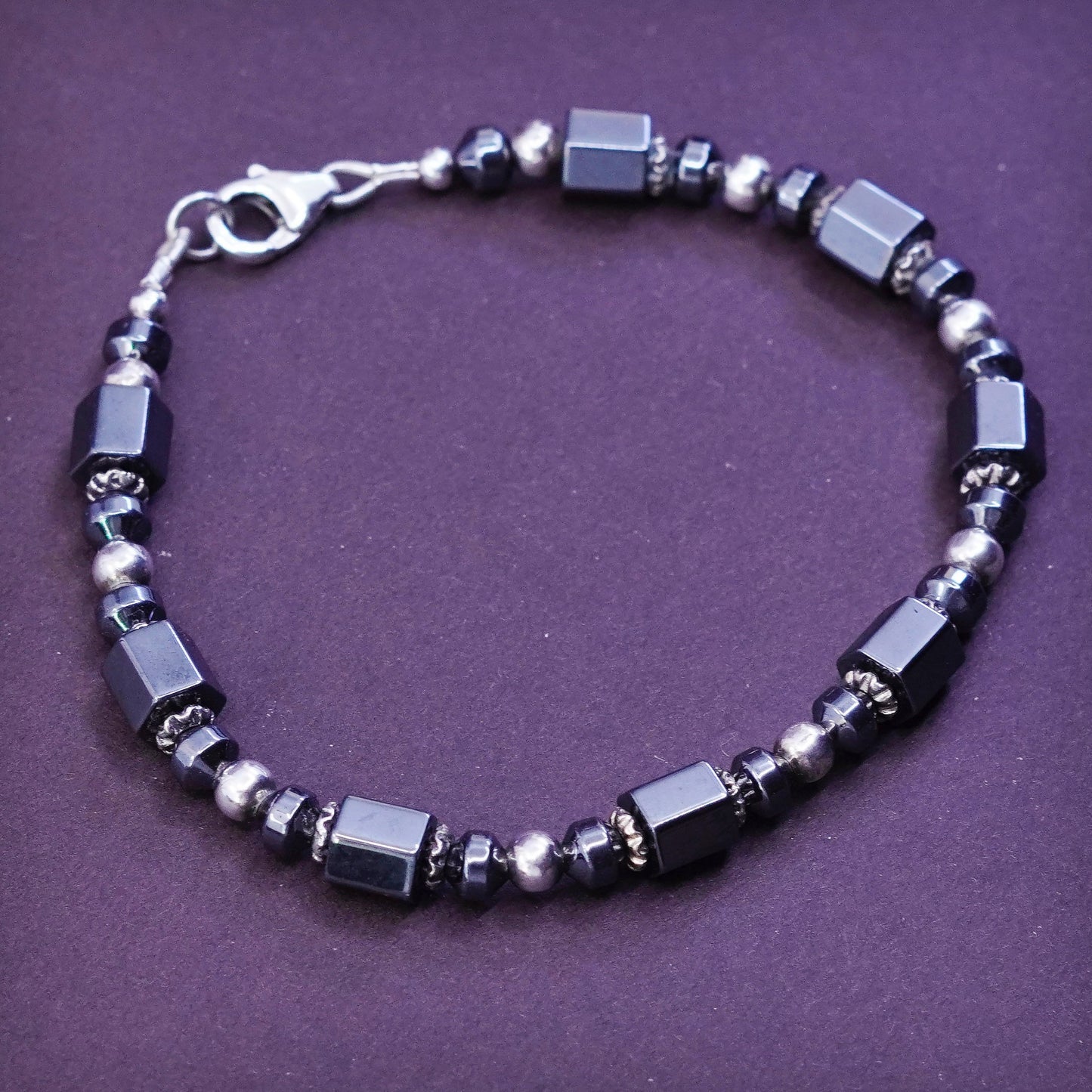 7” Vintage sterling 925 silver handmade bracelet with hematite beads