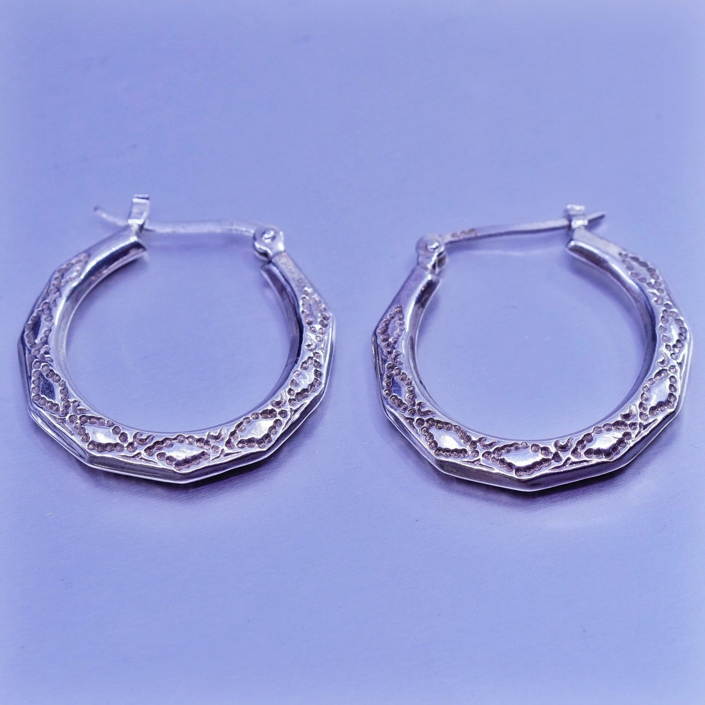 1”, vintage Sterling silver handmade earrings, 925 textured hoops