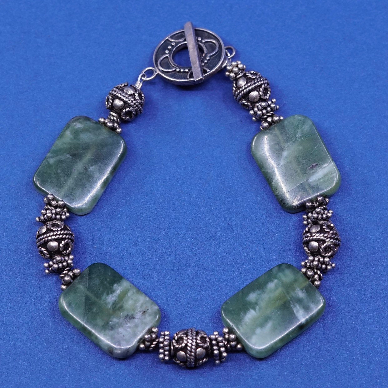 7", vtg Sterling silver handmade bracelet, 925 bar w/ jade