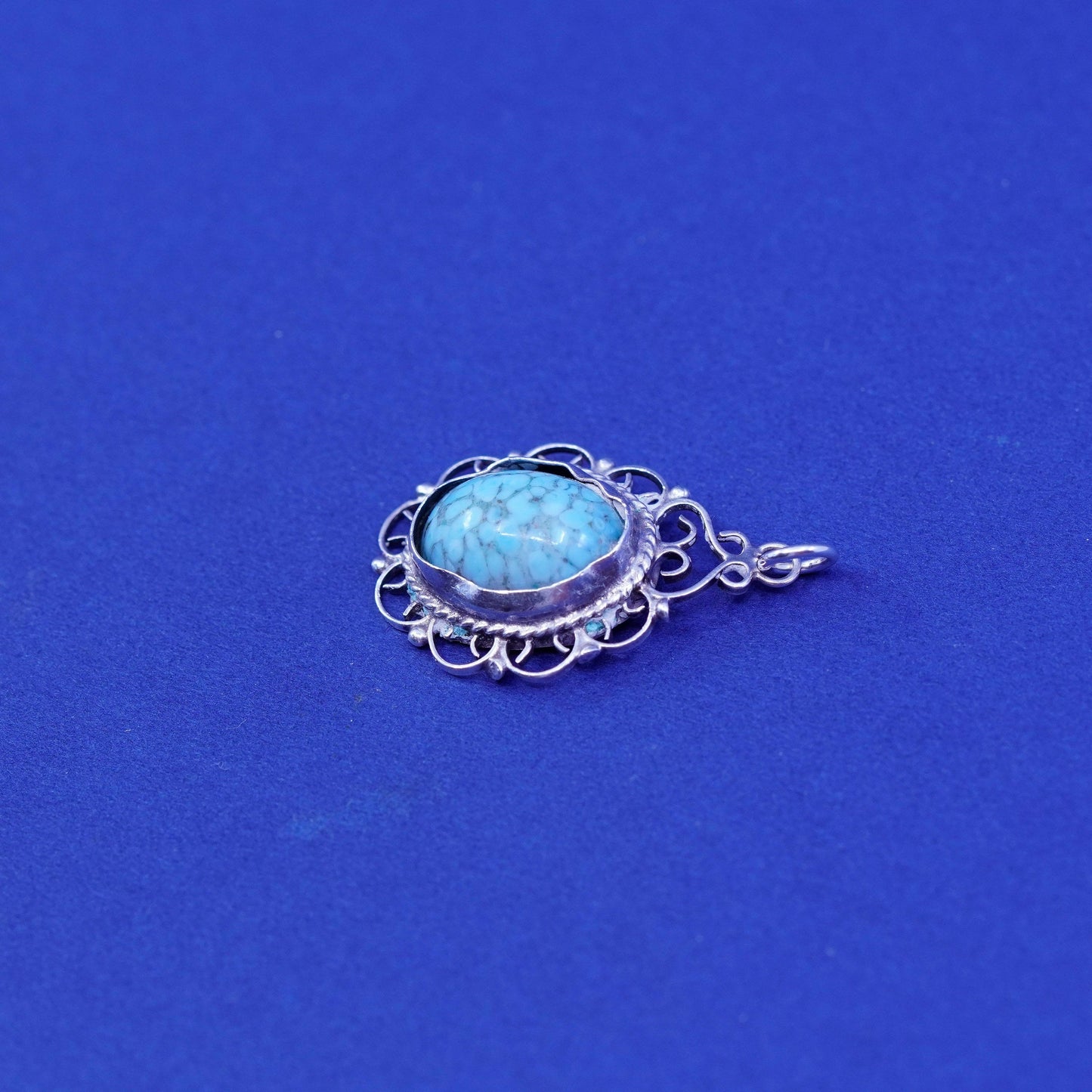 Vintage Sterling silver handmade pendant, 925 filigree with oval turquoise